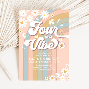 Convite Quatro é uma Vibe Azul Pastel Rosa Aniversário de 