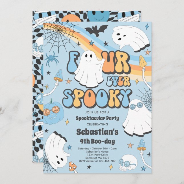 Convite Quatro Eterno Spooky Halloween Groovy Ghost Birthd (Frente/Verso)