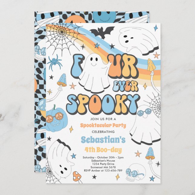 Convite Quatro Eterno Spooky Halloween Groovy Ghost Birthd (Frente/Verso)