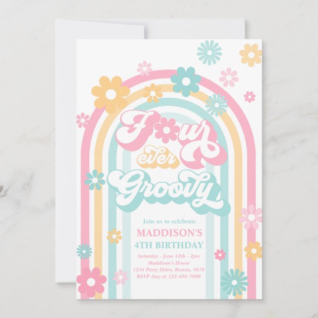 Convite Quatro Ever Groovy Boho Daisy Rainbow 4º Aniversár (Frente)