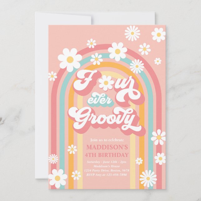 Convite Quatro Ever Groovy Boho Daisy Rainbow 4º Aniversár (Frente)