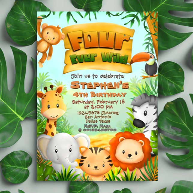 Convite Quatro Ever Wild Safari Aniversário (Four Ever Wild Safari 4th Birthday Invitation)