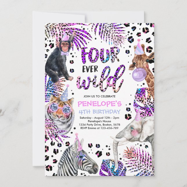 Convite Quatro Ever Wild Safari Rainbow Cheetah 4º Anivers (Frente)