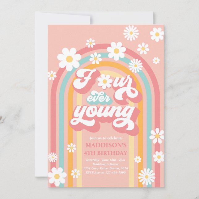 Convite Quatro Ever Young Boho Daisy Rainbow 4º Aniversári (Frente)