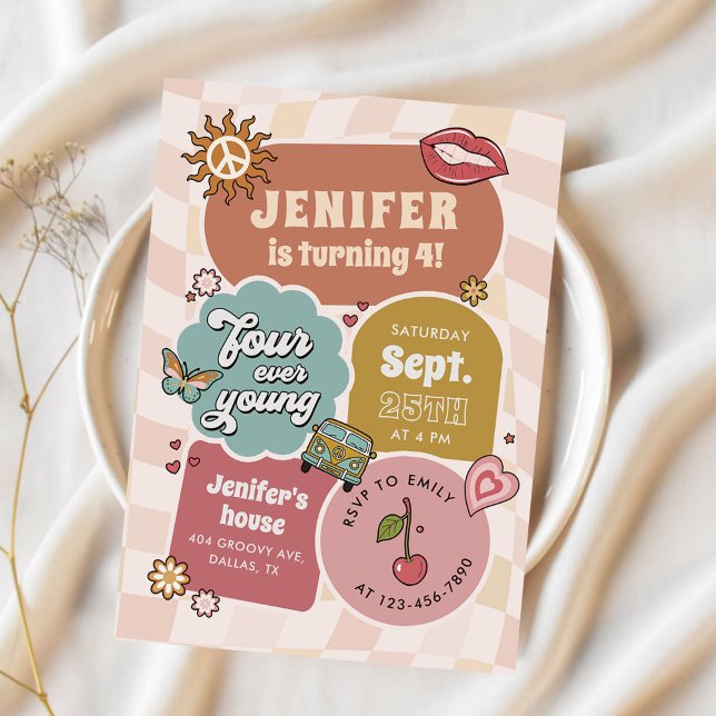 Convite Quatro Ever Young Groovy Daisy 4ª Festa de Anivers (Criador carregado)