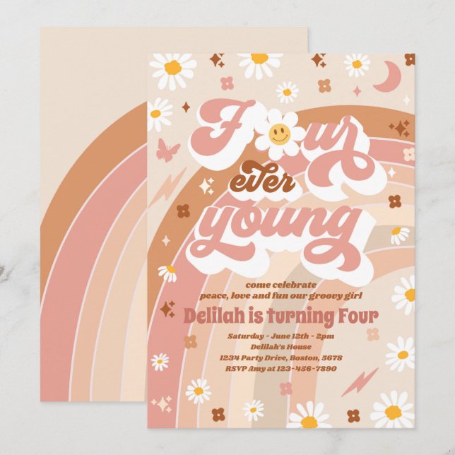 Convite Quatro Ever Young Groovy Rainbow 4º aniversário Fe (Frente/Verso)