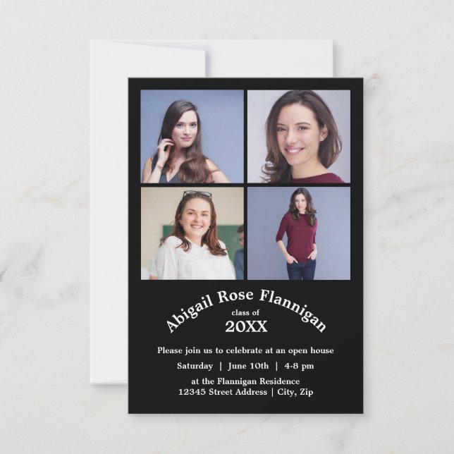 Convite Quatro Fotos Colagem Preta - 3x5 Graduação (Frente)