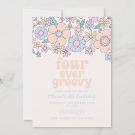 Convite Quatro Groovy Retro Floral para sempre 4º aniversá