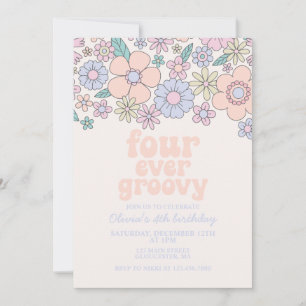 Convite Quatro Groovy Retro Floral para sempre 4º aniversá