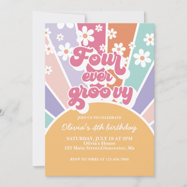 Convite Quatro Groovy Retro Sunshine Rainbow Daisy para Se (Frente)