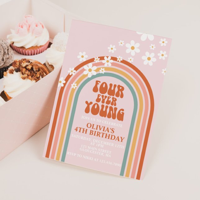 Convite Quatro Jovem Daisy arco-íris 4.º aniversário (Criador carregado)