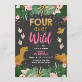 Convite Quatro Jovem Dino Selvagem Pink Dinossauro Anivers