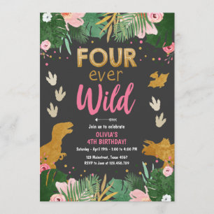 Convite Quatro Jovem Dino Selvagem Pink Dinossauro Anivers