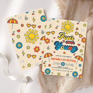 Convite Quatro Jovem Groovy Retro Daisy 4º Aniversário