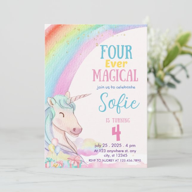 Convite Quatro Mágicas, Pastel Unicorn Aniversário (Em pé/Frente)