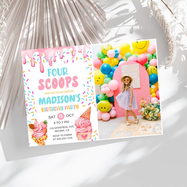 Convite Quatro Meninas Scoops Sorvete 4º Aniversário (Criador carregado)