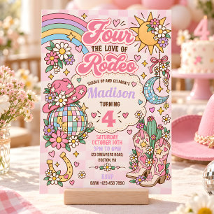 Convite Quatro pelo Amor de Rodeio Cowgirl Rosa Aniversári