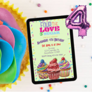 Convite Quatro pelo Amor do Açúcar, Cupcake 4º Aniversário