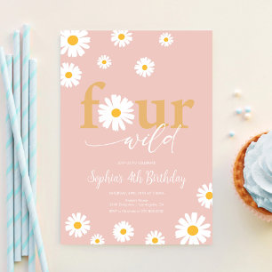 Convite QUATRO Selvagem Boho Rosa Margarida 4º Aniversário