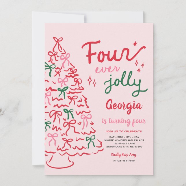 Convite Quatro Sempre Alegre Coquete Natal 4º Aniversário (Frente)