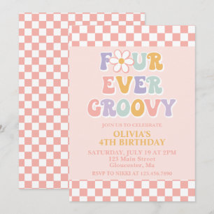 Convite Quatro Sempre Groovy Aniversário Retro Daisy Check