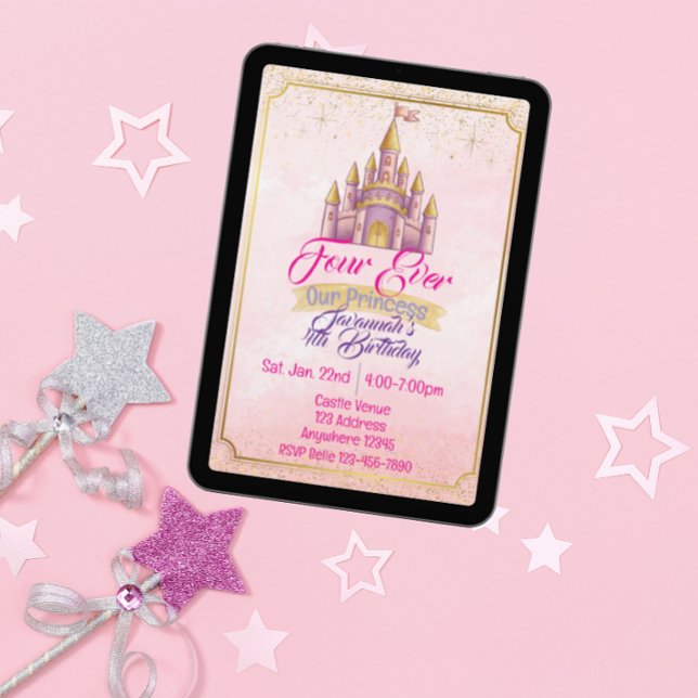 Convite Quatro Sempre Nossa Princesa Roxo Dourado Castelo  (Criador carregado)