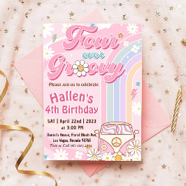 Convite Quatro Vezes Groovy Retro Boho Arco-Íris 4º Aniver