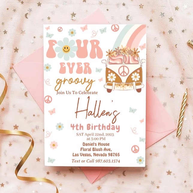 Convite Quatro Vezes Groovy Retro Rainbow 4º aniversário F (Criador carregado)