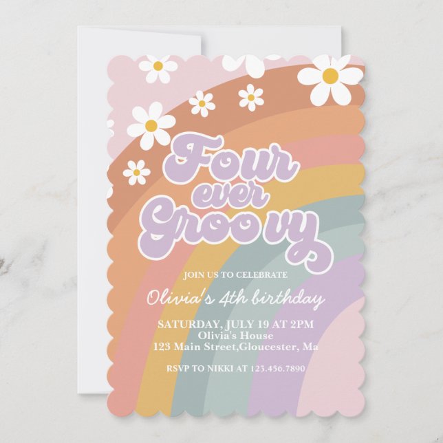 Convite Quatro Vezes Groovy Retro Rainbow 4.º Aniversário (Frente)