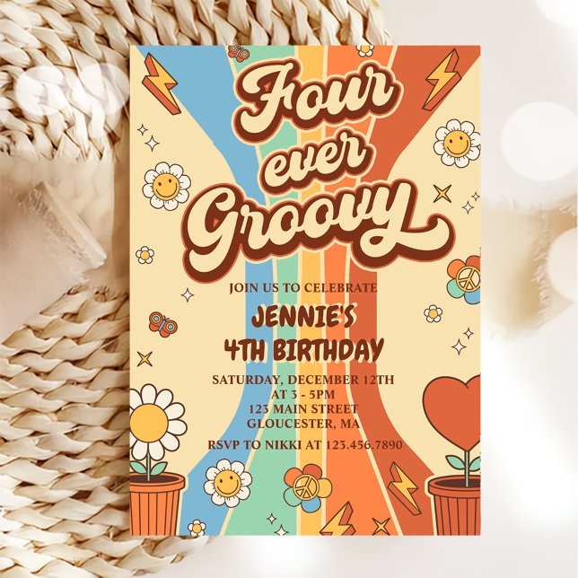 Convite Quatro Vezes Groovy Retro Rainbow 4.º Aniversário (Criador carregado)