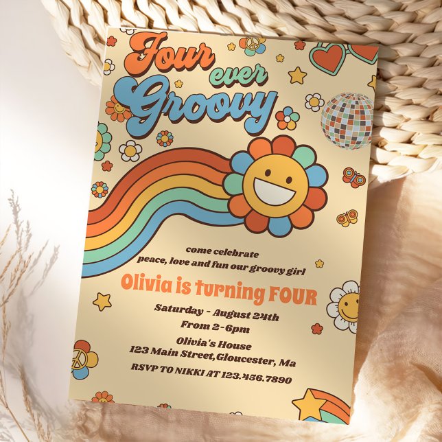 Convite Quatro Vezes Groovy Retro Rainbow 4.º Aniversário (Criador carregado)
