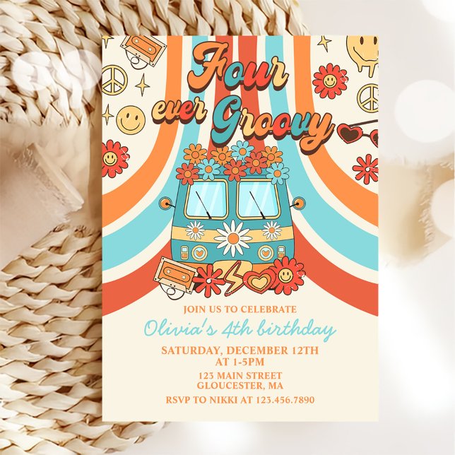 Convite Quatro Vezes Groovy Retro Rainbow 4.º Aniversário (Criador carregado)