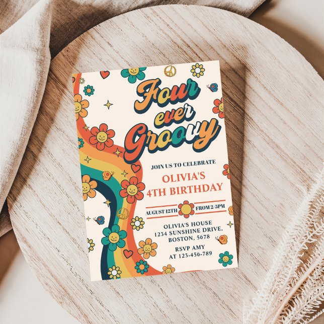 Convite Quatro Vezes Groovy Retro Rainbow 4.º Aniversário (Criador carregado)