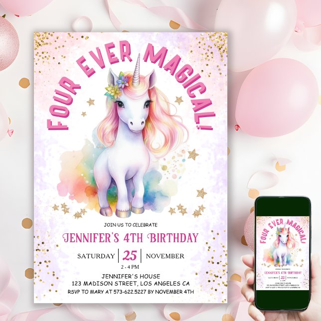 Convite Quatro Vezes Mágico | 4º Festa de Aniversário da U (#UnicornBirthdayInvitation #UnicornBirthdayInvitationTemplate #UnicornBirthdayInvitationEditable )
