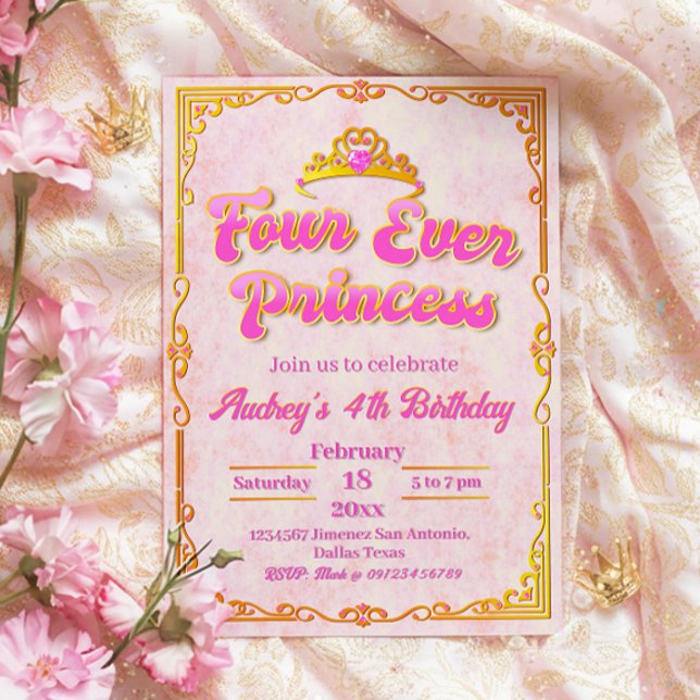 Convite Quatro vezes Princesa - Rapariga 4º Aniversário (Four Ever Princess - Girl 4th Birthday Invitation)