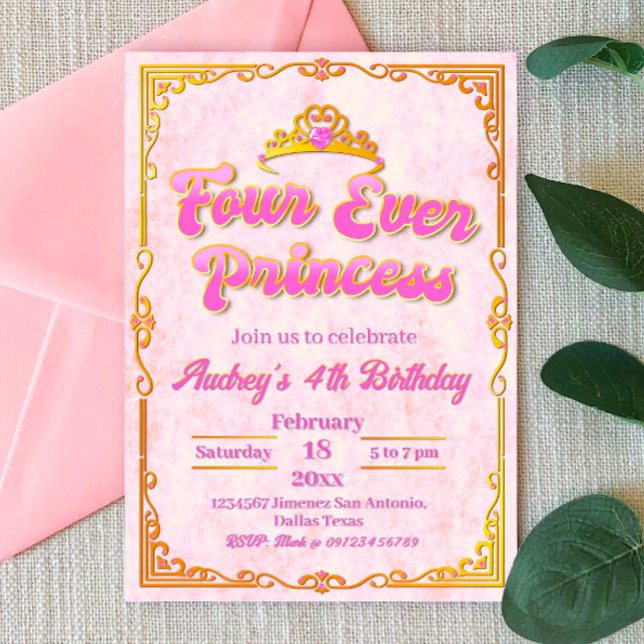 Convite Quatro vezes Princesa - Rapariga 4º Aniversário (Four Ever Princess - Girl 4th Birthday Invitation)