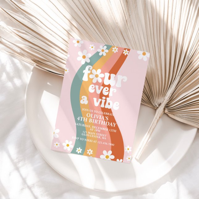Convite Quatro vezes uma margarida vibe arco-íris 4 anos (Criador carregado)