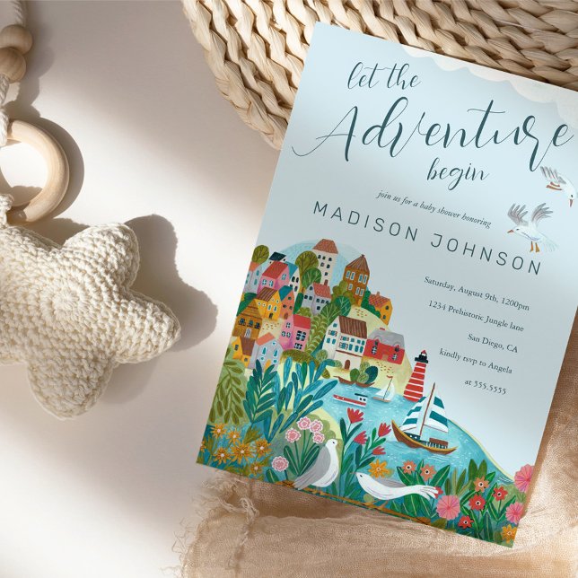 Convite que a aventura comece a festa do chá de fraldas (Let the adventure begin gender  neutral baby shower invitation)