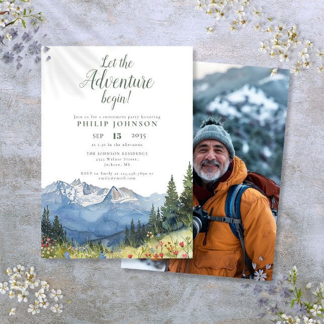 Convite Que A Aventura Comece A Partir Da Montanha (Let The Adventure Begin Mountain Retirement Party Invitation)