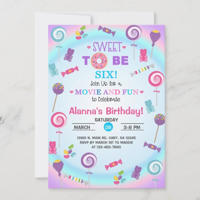 Convite Que bom ser seis aniversários da candyland. (Frente)