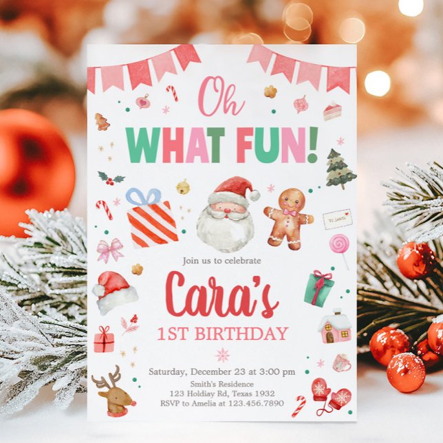 Convite Que Festa de aniversário de Natal Divertida (Oh What Fun Santa Christmas Birthday Party Invitation)
