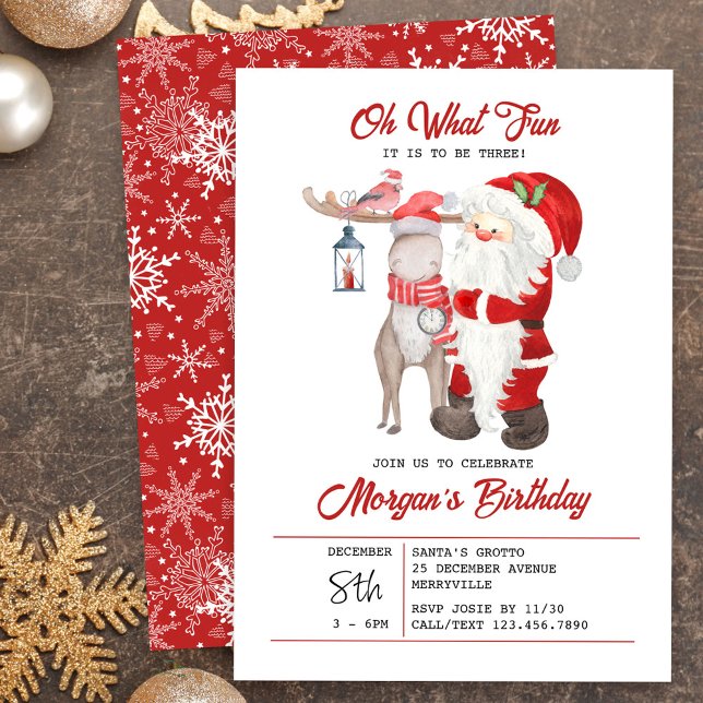Convite Que Festa de aniversário de Natal divertida para c (Oh What Fun! Santa Invitation for Kids Christmas Party - editable for any age.)