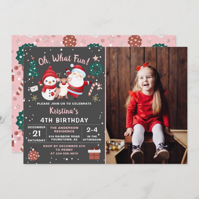 Convite Que Foto De Natal Preto E Rosa Divertida (Frente/Verso)