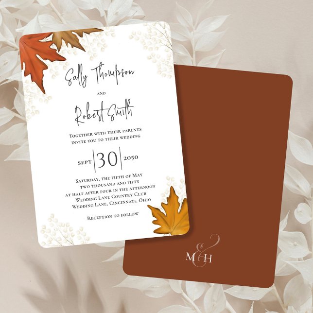 Convite Quebra do Autumn A Aquarela Deixa Casamento Person (Elegant fall wedding invitation with watercolor leaves. )