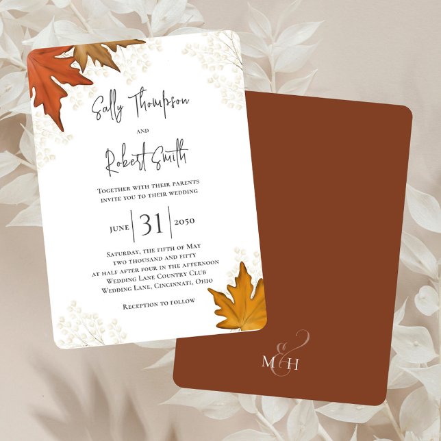 Convite Quebra do Autumn A Aquarela Deixa Casamento Person (Elegant fall wedding invitation with watercolor leaves. )