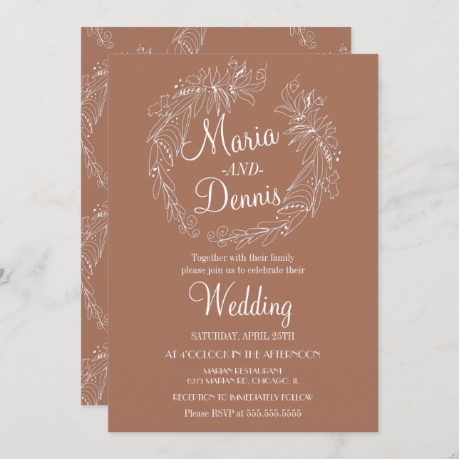 Convite Quebra Simples de Terracotta Greenery Line Wreath (Frente/Verso)
