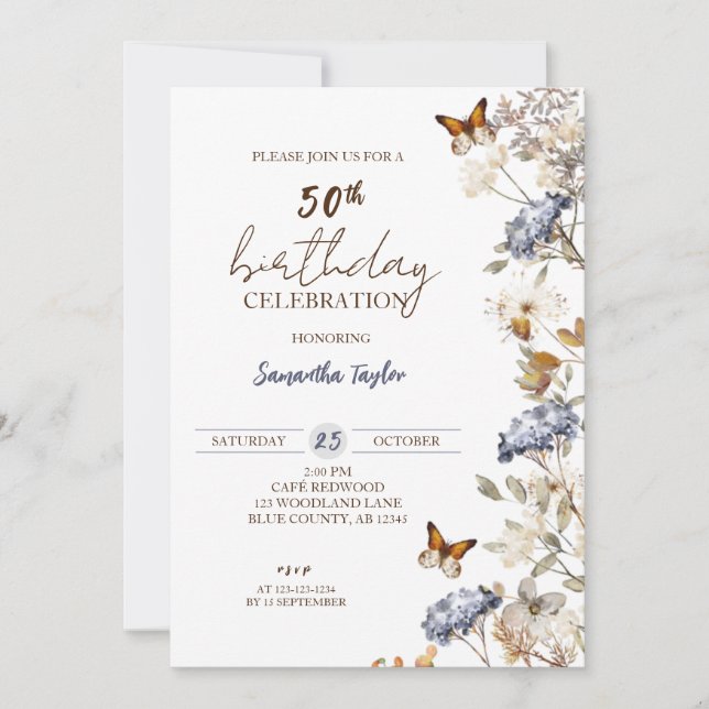 Convite Queda 50º Aniversário, Aniversário Floral (Frente)