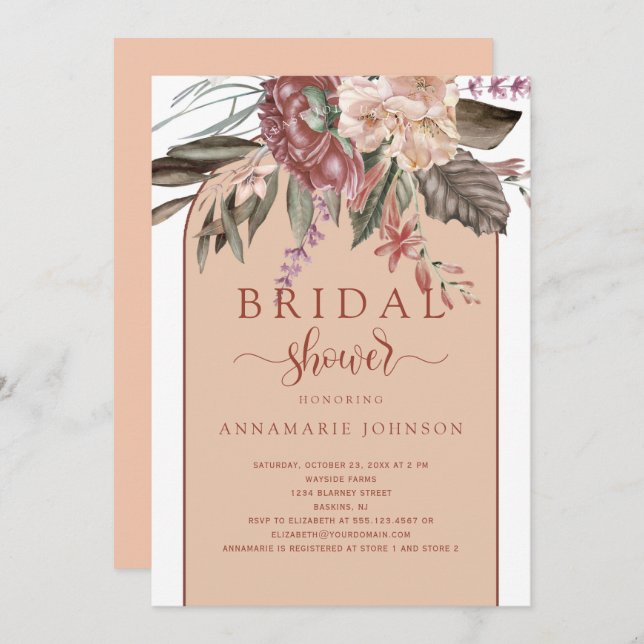 Convite Queda Aquarela Florais Rust Terracotta Peach (Frente/Verso)