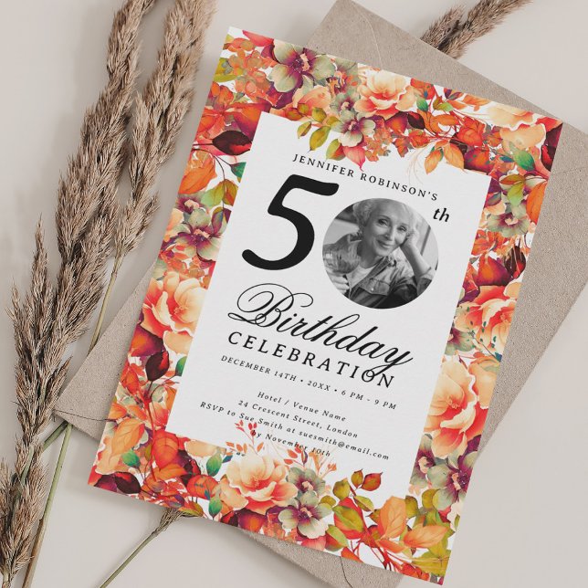 Convite Queda Autumn Floral Garden Foto 50º Aniversário (Fall Autumn Floral Garden Photo 50th Birthday Invitation)