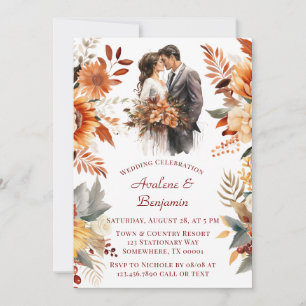 Convite Queda Burgundy Laranja Floral Noiva e Casamento de